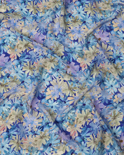 Blue Floral Allover Printed Viscose Modal Satin Fabric, 110 Cms, India-D26889