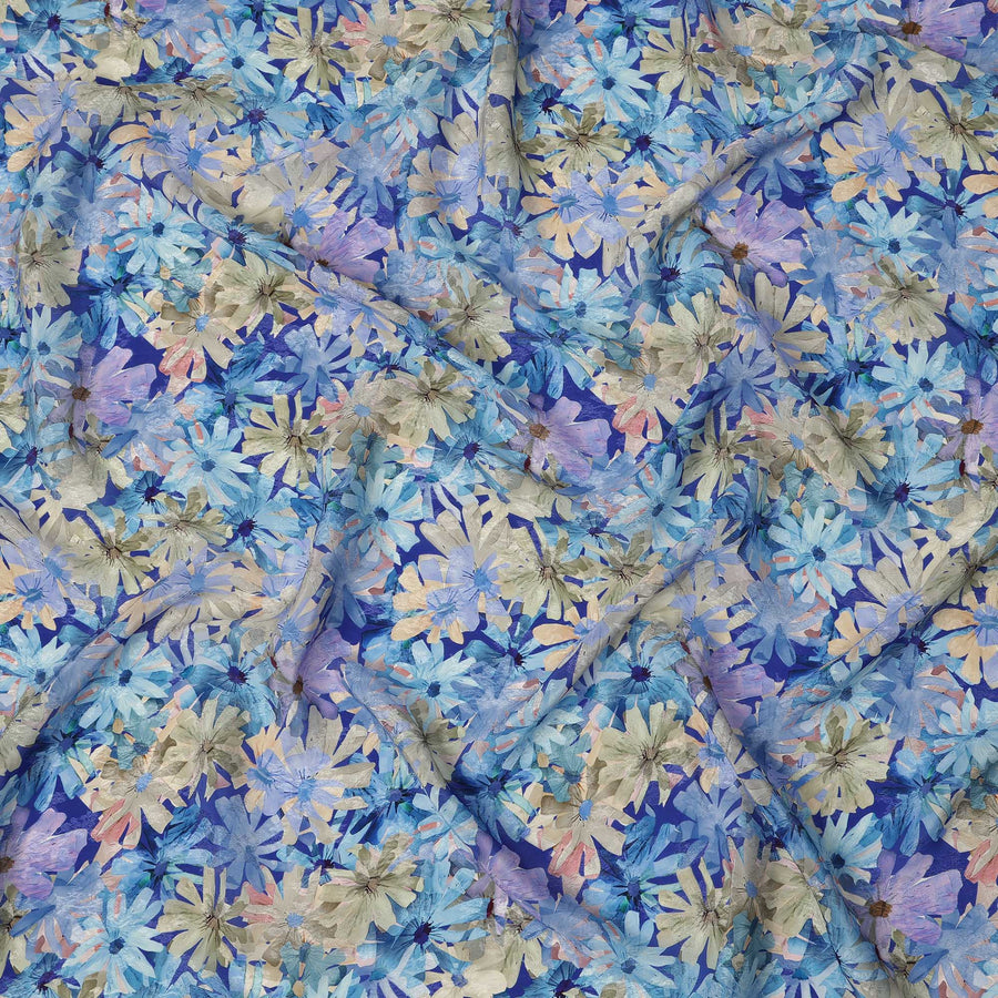 Blue Floral Allover Printed Viscose Modal Satin Fabric, 110 Cms, India-D26889