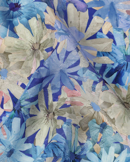 Blue Floral Allover Printed Viscose Modal Satin Fabric, 110 Cms, India-D26889