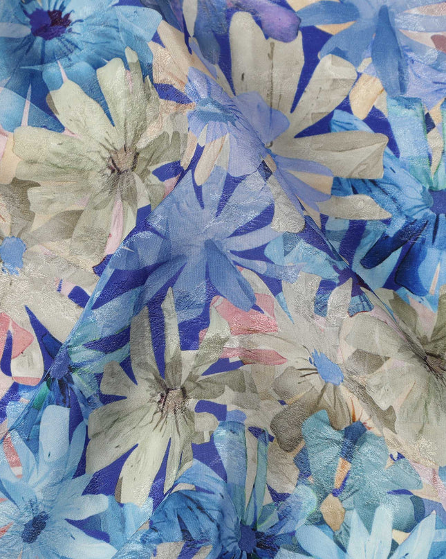 Blue Floral Allover Printed Viscose Modal Satin Fabric, 110 Cms, India-D26889