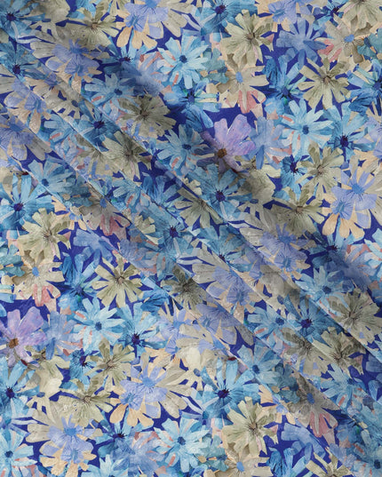 Blue Floral Allover Printed Viscose Modal Satin Fabric, 110 Cms, India-D26889