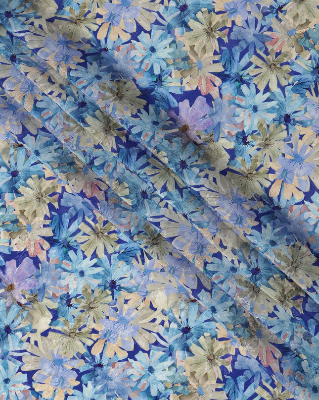Blue Floral Allover Printed Viscose Modal Satin Fabric, 110 Cms, India-D26889