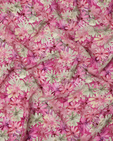 Pink Abstract Floral Allover Printed Viscose Modal Satin Fabric, 110 Cms, India-D26891