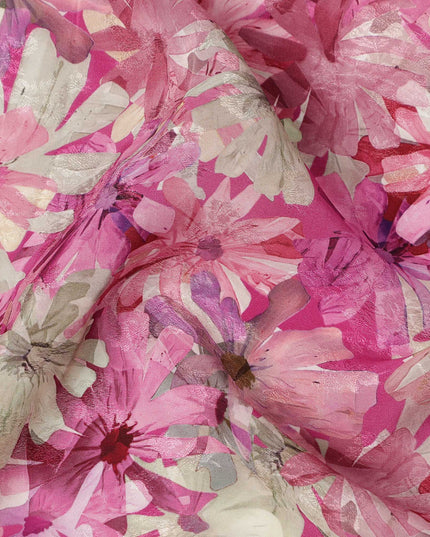 Pink Abstract Floral Allover Printed Viscose Modal Satin Fabric, 110 Cms, India-D26891