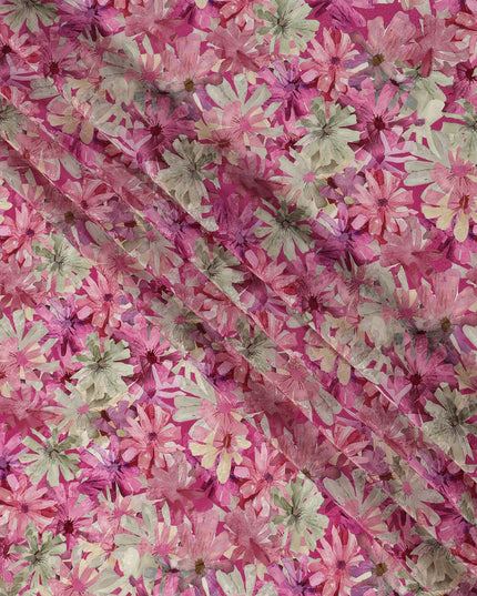 Pink Abstract Floral Allover Printed Viscose Modal Satin Fabric, 110 Cms, India-D26891