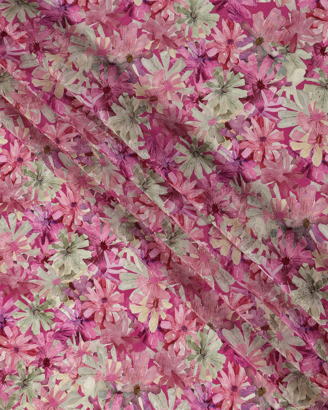 Pink Abstract Floral Allover Printed Viscose Modal Satin Fabric, 110 Cms, India-D26891