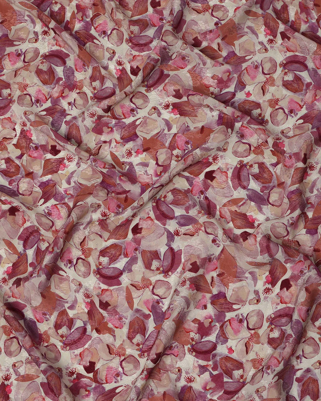 Ivory Mauve Plum & Rust Abstract Floral Printed Viscose Silk Crepe Fabric 110 Cms India-D26862
