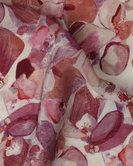 Ivory Mauve Plum & Rust Abstract Floral Printed Viscose Silk Crepe Fabric 110 Cms India-D26862