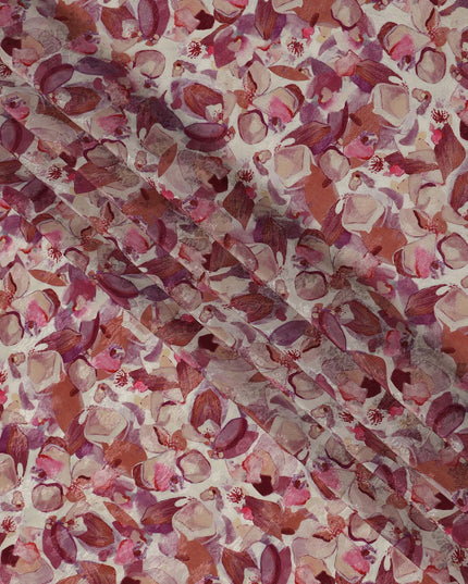 Ivory Mauve Plum & Rust Abstract Floral Printed Viscose Silk Crepe Fabric 110 Cms India-D26862
