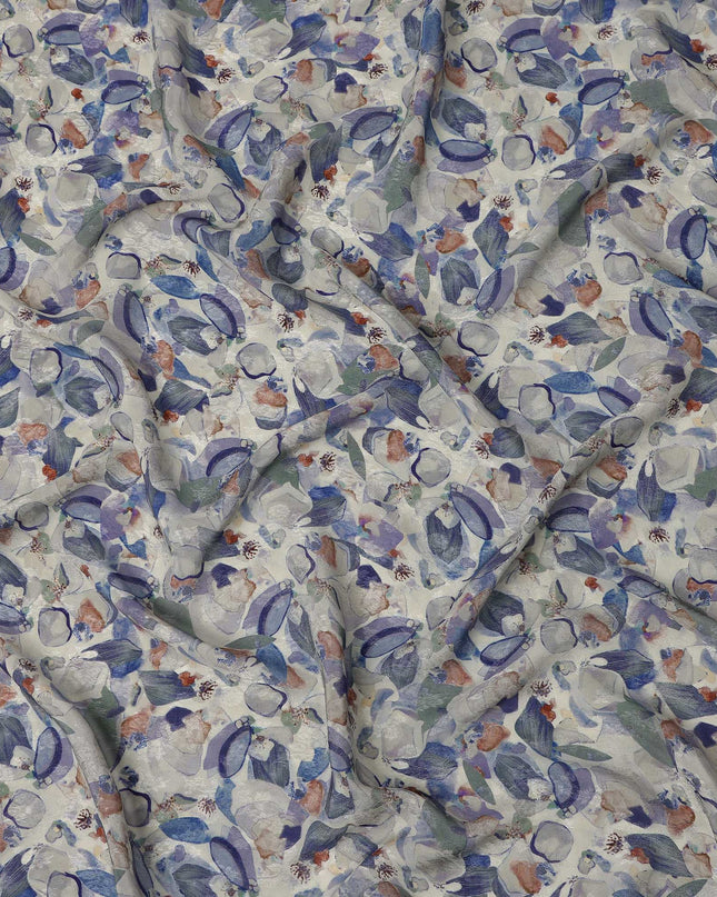 Ivory Blue Abstract Floral Printed Viscose Modal Satin Fabric, 110 Cms, India-D26894