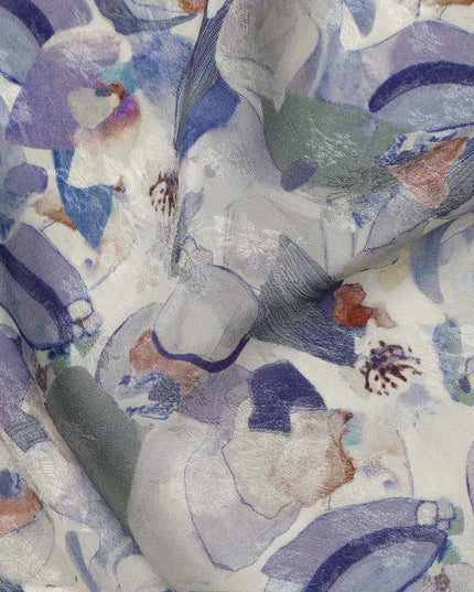Ivory Blue Abstract Floral Printed Viscose Modal Satin Fabric, 110 Cms, India-D26894
