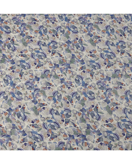 Ivory Blue Abstract Floral Printed Viscose Modal Satin Fabric, 110 Cms, India-D26894