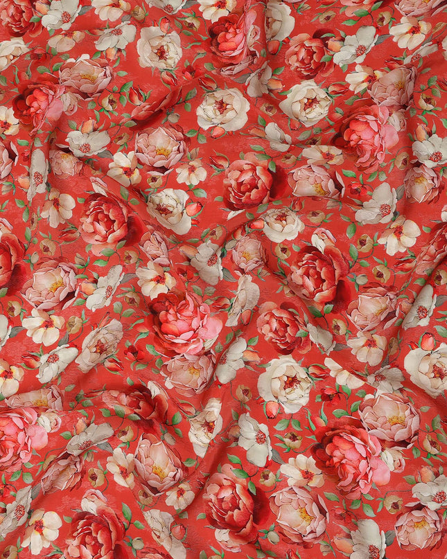 Red Floral Printed Viscose Fabric Soft Lightweight Flowing Dress Material for Apparel Sewing Craft Fashion Use 110 Cms Width India Origin-D27316