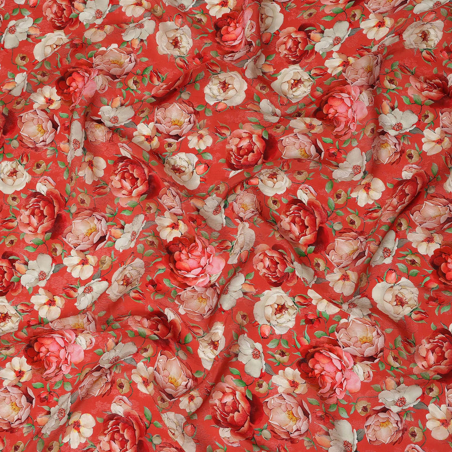 Red Floral Printed Viscose Fabric Soft Lightweight Flowing Dress Material for Apparel Sewing Craft Fashion Use 110 Cms Width India Origin-D27316