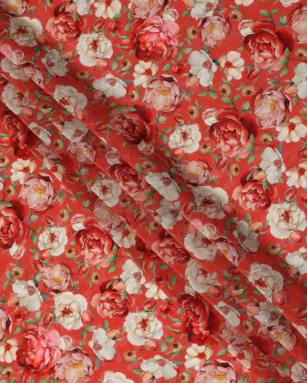 Red Floral Printed Viscose Fabric Soft Lightweight Flowing Dress Material for Apparel Sewing Craft Fashion Use 110 Cms Width India Origin-D27316