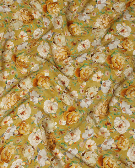 Mustard Yellow Floral Printed Viscose Fabric Soft Lightweight Flowing Dress Material for Apparel Sewing Craft Fashion Use 110 Cms Width India Origin-D27315