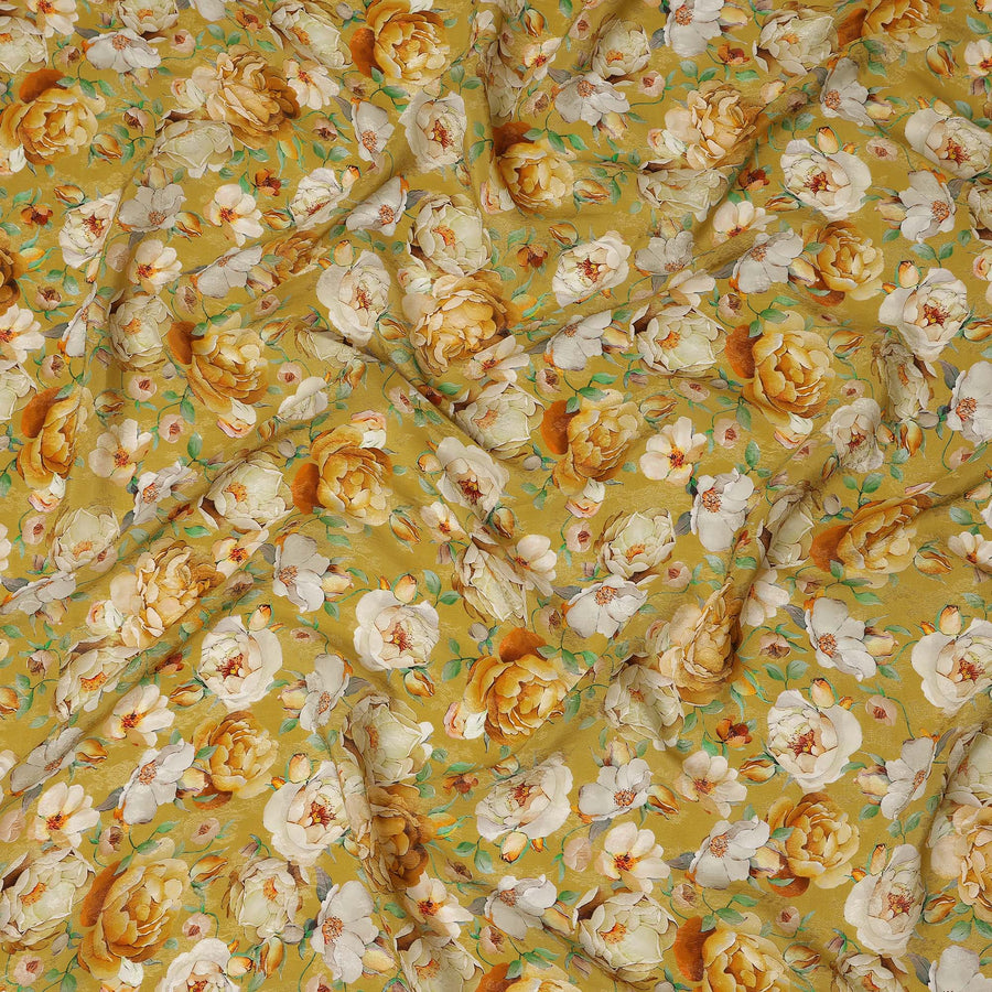 Mustard Yellow Floral Printed Viscose Fabric Soft Lightweight Flowing Dress Material for Apparel Sewing Craft Fashion Use 110 Cms Width India Origin-D27315