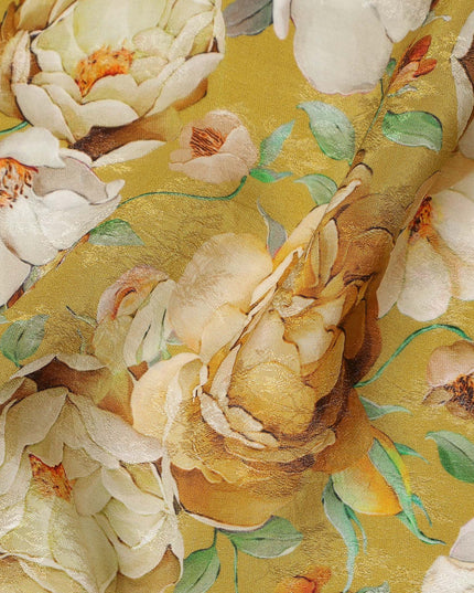 Mustard Yellow Floral Printed Viscose Fabric Soft Lightweight Flowing Dress Material for Apparel Sewing Craft Fashion Use 110 Cms Width India Origin-D27315