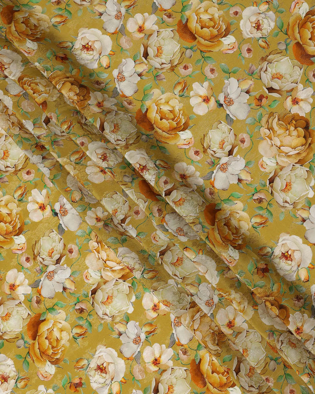 Mustard Yellow Floral Printed Viscose Fabric Soft Lightweight Flowing Dress Material for Apparel Sewing Craft Fashion Use 110 Cms Width India Origin-D27315