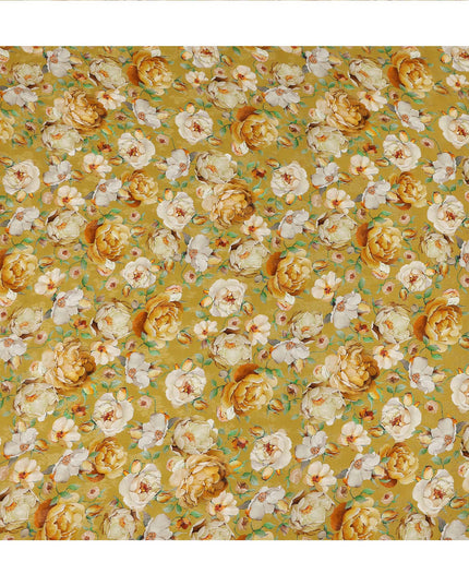 Mustard Yellow Floral Printed Viscose Fabric Soft Lightweight Flowing Dress Material for Apparel Sewing Craft Fashion Use 110 Cms Width India Origin-D27315