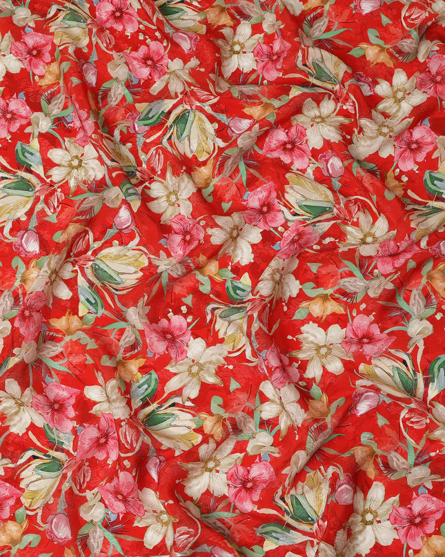 Red Floral Printed Viscose Fabric Soft Lightweight Flowing Dress Material for Apparel Sewing Craft Use 110 Cms Width India Origin-D27311