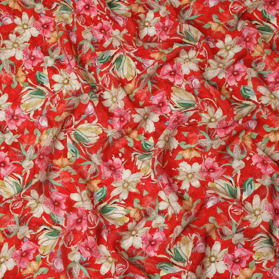 Red Floral Printed Viscose Fabric Soft Lightweight Flowing Dress Material for Apparel Sewing Craft Use 110 Cms Width India Origin-D27311