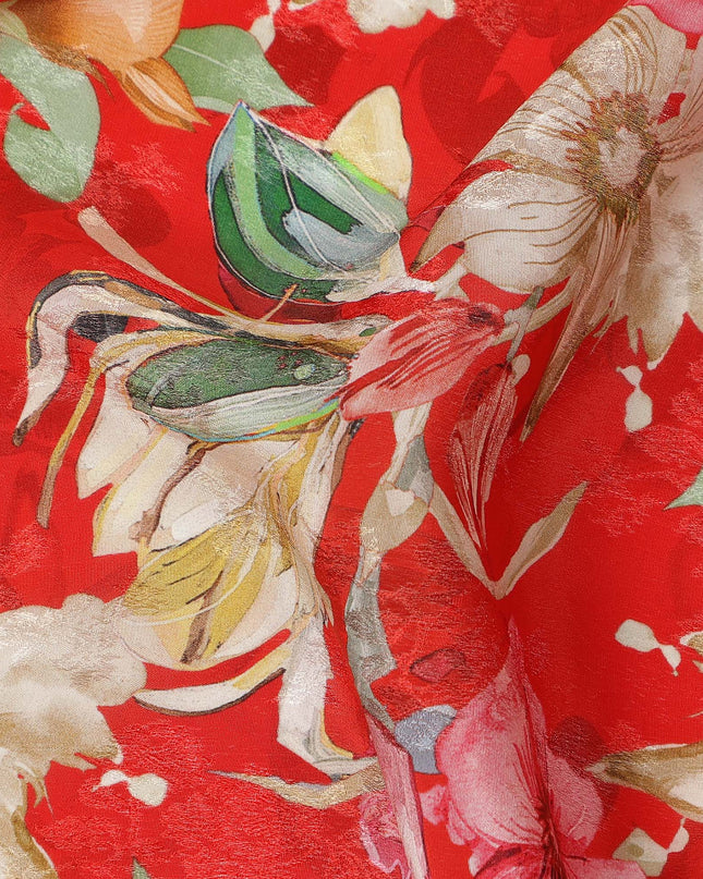 Red Floral Printed Viscose Fabric Soft Lightweight Flowing Dress Material for Apparel Sewing Craft Use 110 Cms Width India Origin-D27311