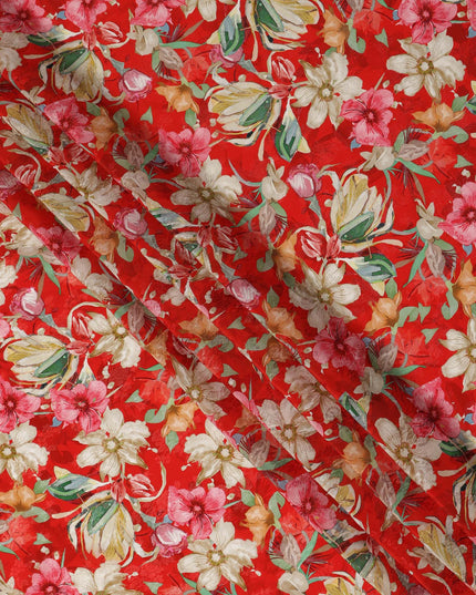 Red Floral Printed Viscose Fabric Soft Lightweight Flowing Dress Material for Apparel Sewing Craft Use 110 Cms Width India Origin-D27311