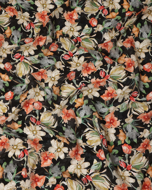 Black Floral Printed Viscose Fabric Soft Flowing Lightweight Dress Material for Apparel Sewing Craft Use 110 Cms Width India Origin-D27310