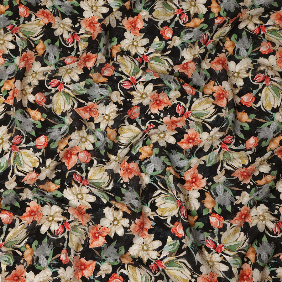 Black Floral Printed Viscose Fabric Soft Flowing Lightweight Dress Material for Apparel Sewing Craft Use 110 Cms Width India Origin-D27310