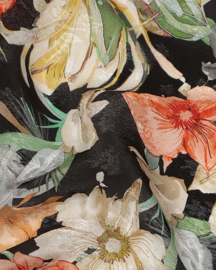 Black Floral Printed Viscose Fabric Soft Flowing Lightweight Dress Material for Apparel Sewing Craft Use 110 Cms Width India Origin-D27310