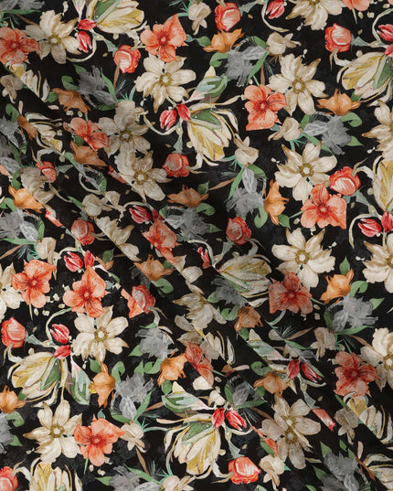 Black Floral Printed Viscose Fabric Soft Flowing Lightweight Dress Material for Apparel Sewing Craft Use 110 Cms Width India Origin-D27310