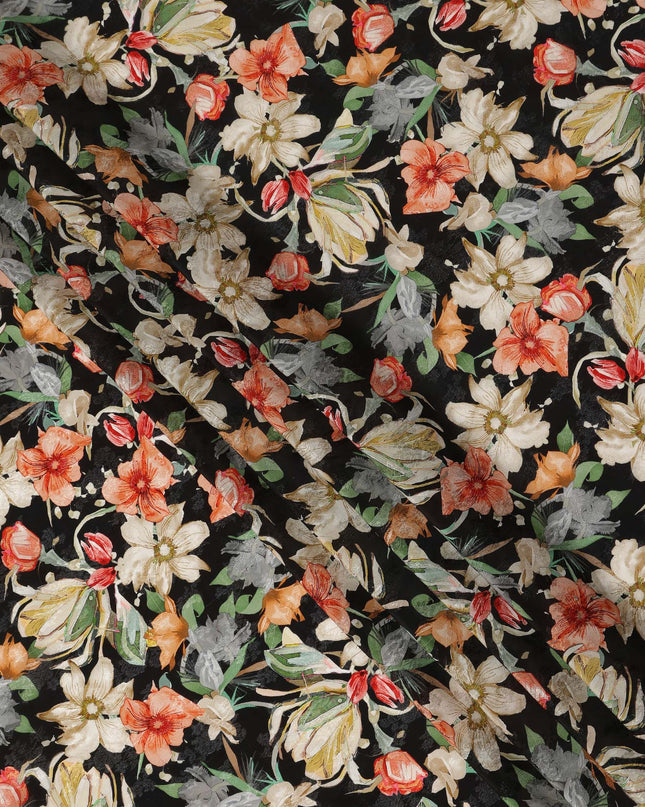 Black Floral Printed Viscose Fabric Soft Flowing Lightweight Dress Material for Apparel Sewing Craft Use 110 Cms Width India Origin-D27310