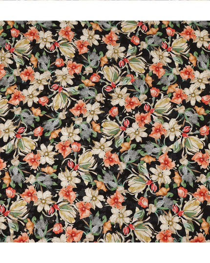 Black Floral Printed Viscose Fabric Soft Flowing Lightweight Dress Material for Apparel Sewing Craft Use 110 Cms Width India Origin-D27310