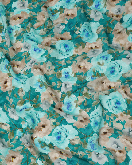 Teal Green Floral Printed Viscose Fabric 110 Cms India Origin-D27549
