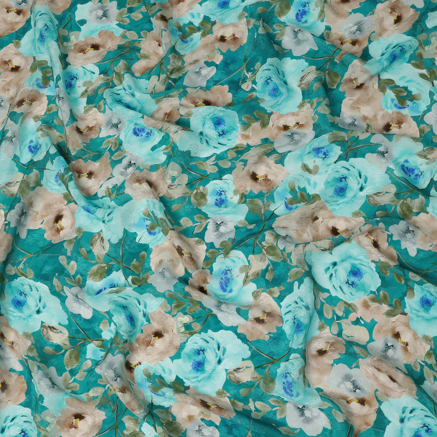 Teal Green Floral Printed Viscose Fabric 110 Cms India Origin-D27549