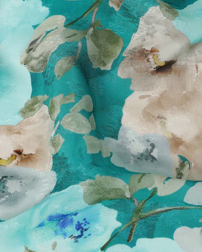 Teal Green Floral Printed Viscose Fabric 110 Cms India Origin-D27549