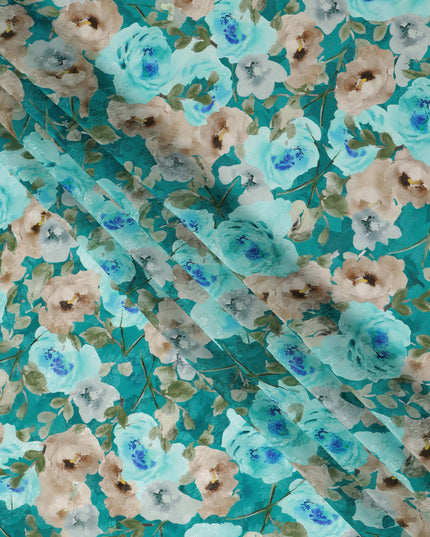 Teal Green Floral Printed Viscose Fabric 110 Cms India Origin-D27549