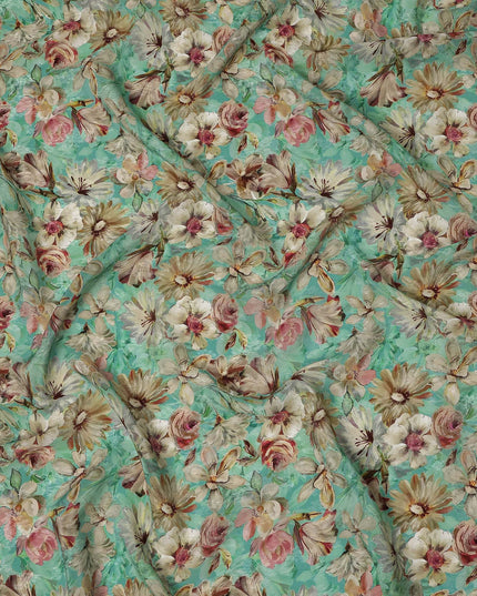 Mint Green Beige & Blush Floral Printed Viscose Silk Crepe Fabric 110 Cms India-D26860