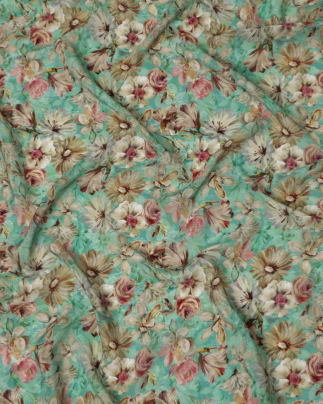Mint Green Beige & Blush Floral Printed Viscose Silk Crepe Fabric 110 Cms India-D26860