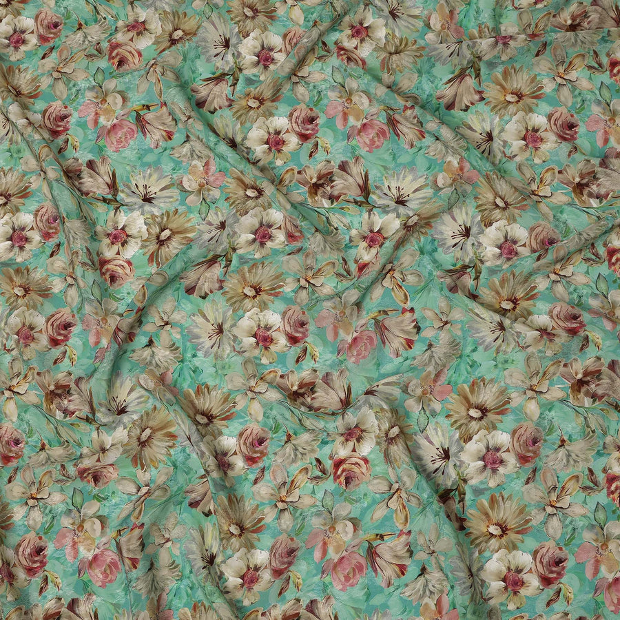 Mint Green Beige & Blush Floral Printed Viscose Silk Crepe Fabric 110 Cms India-D26860