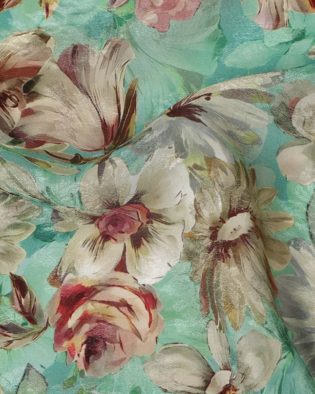 Mint Green Beige & Blush Floral Printed Viscose Silk Crepe Fabric 110 Cms India-D26860