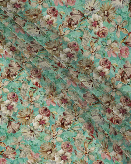 Mint Green Beige & Blush Floral Printed Viscose Silk Crepe Fabric 110 Cms India-D26860