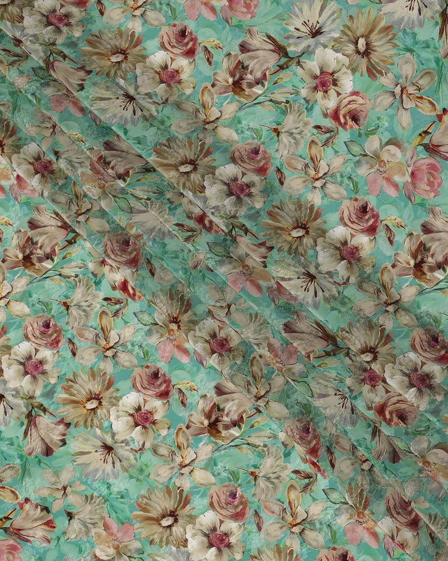 Mint Green Beige & Blush Floral Printed Viscose Silk Crepe Fabric 110 Cms India-D26860