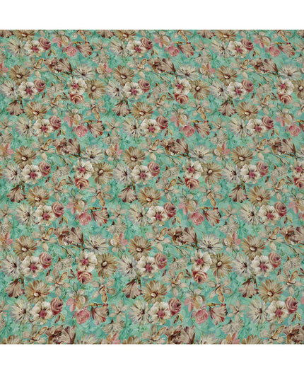 Mint Green Beige & Blush Floral Printed Viscose Silk Crepe Fabric 110 Cms India-D26860
