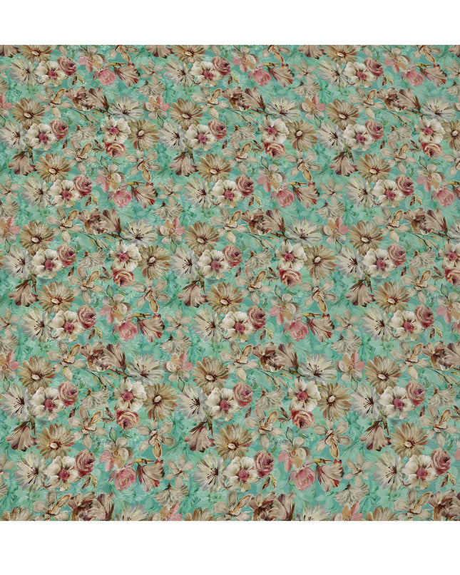 Mint Green Beige & Blush Floral Printed Viscose Silk Crepe Fabric 110 Cms India-D26860