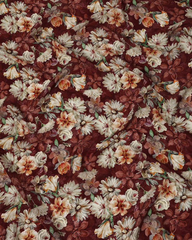 Deep Wine Maroon Ivory & Beige Floral Printed Viscose Silk Crepe Fabric 110 Cms India-D26864