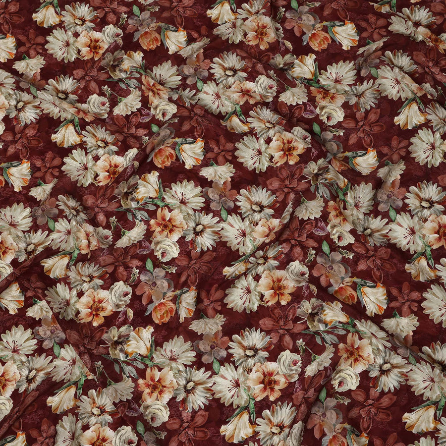 Deep Wine Maroon Ivory & Beige Floral Printed Viscose Silk Crepe Fabric 110 Cms India-D26864