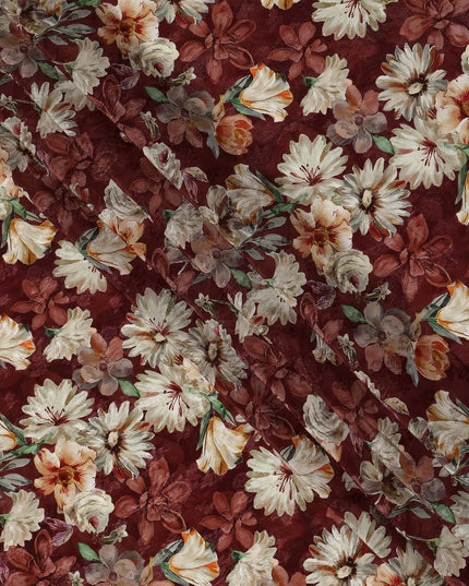 Deep Wine Maroon Ivory & Beige Floral Printed Viscose Silk Crepe Fabric 110 Cms India-D26864