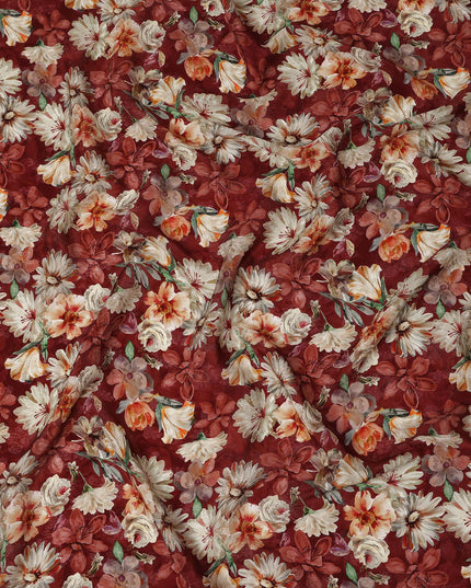 Maroon Floral Printed Viscose Fabric Soft Lightweight Flowing Dress Material for Apparel Sewing Craft Use 110 Cms Width India Origin-D27312